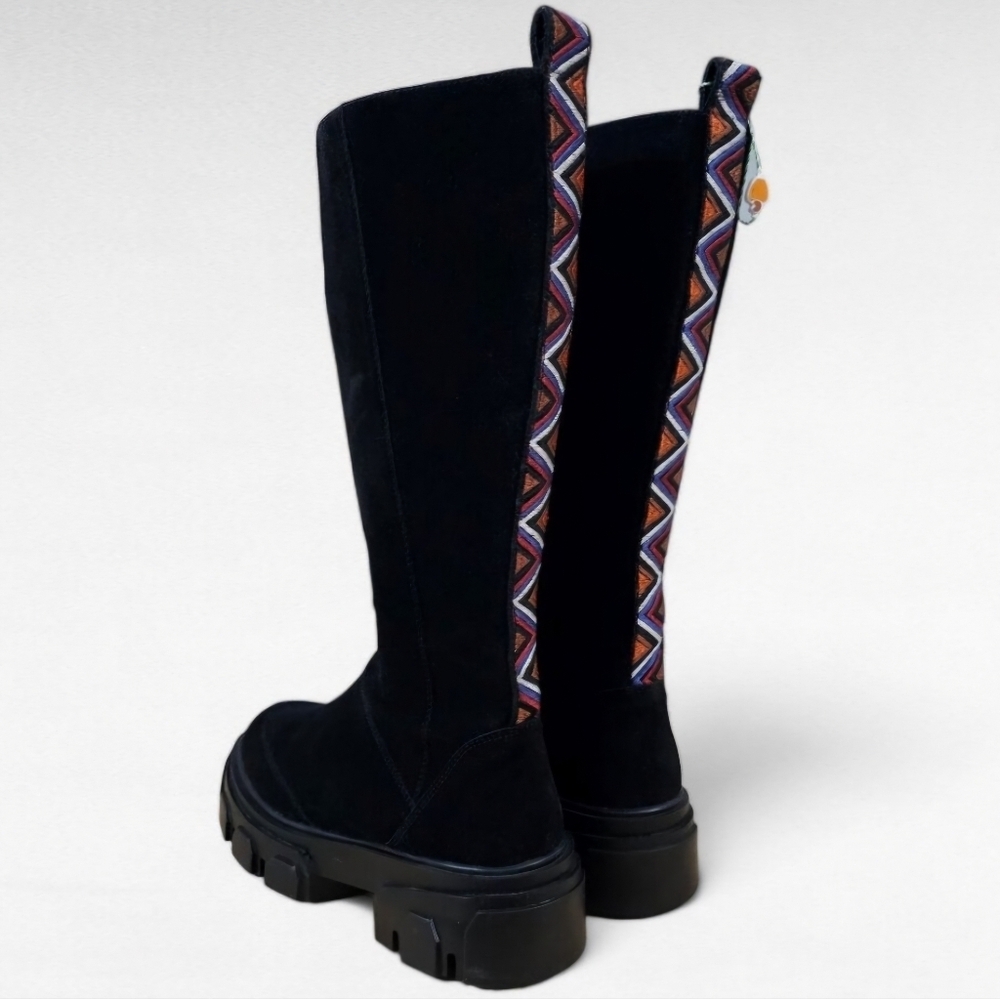 Farm Rio Tall Combat Boot Womens 8 Black Vegan Platform Boho Embroidered NEW